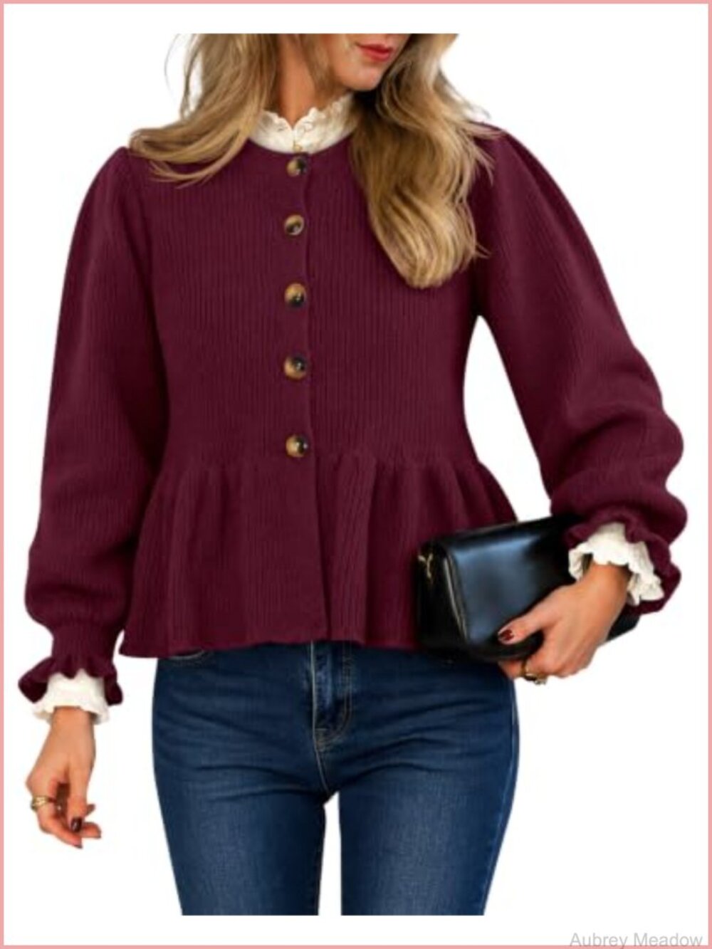 Womens Cropped Cardigan Ribbed Knit Ruffle Sleeve Button Up Sweater
